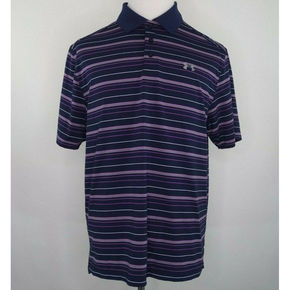 Under Armour Other - Under Armour Heatgear Loose Fit Mens Sz L Navy Purple Striped S/S Polo Shirt